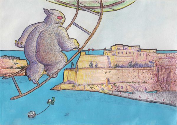 Alien in fort sant'angelo, birgu, Mixed media on paper by Alessandro Bruno