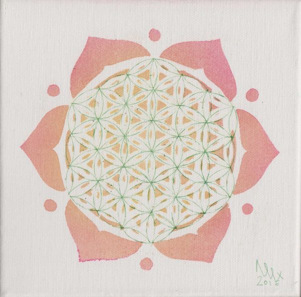 Flower of life painting by Alessandro Bruno. 2016, Egg tempera on canvas, 20cm by 20cm.