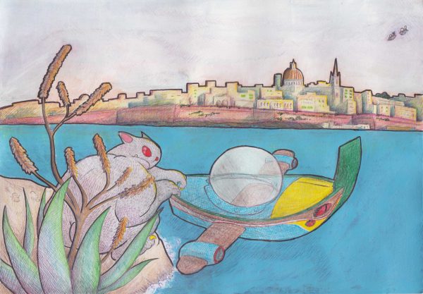 Alien looking at Valletta, Mixed media on paper by Alessandro Bruno