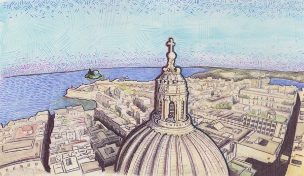 Alien on Valletta roof with space luzzu, Mixed media on paper by Alessandro Bruno